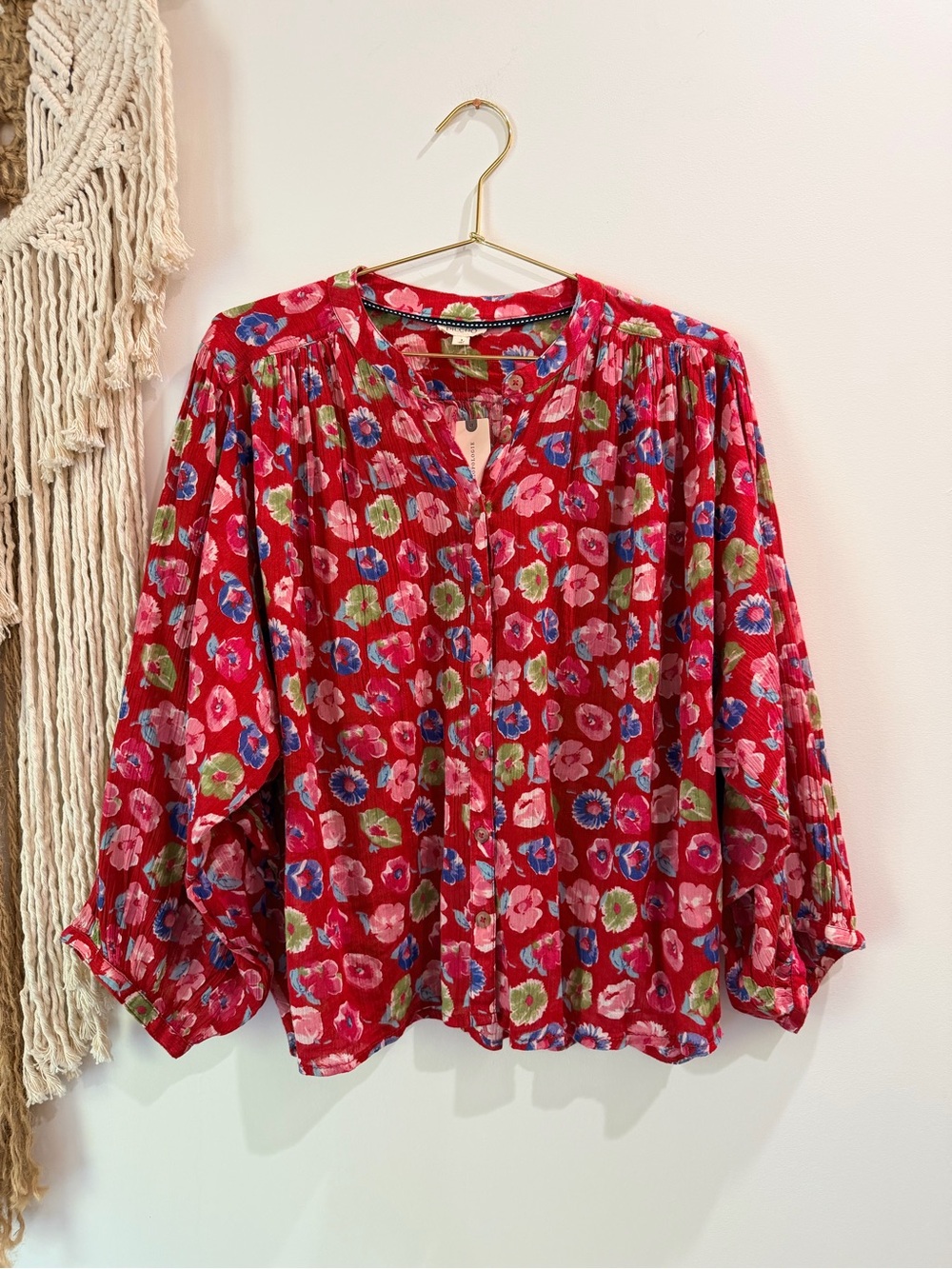 Pilcro Anthropologie Sidney Red Floral Button-Front Blouse